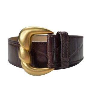 Vintage Anne Klein Calderon Womens SZ S Brown Leather Belt Gold Buckle USA 80s